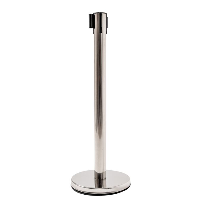 Pedestal organizador de fila cromado em inox com fita retrátil azul