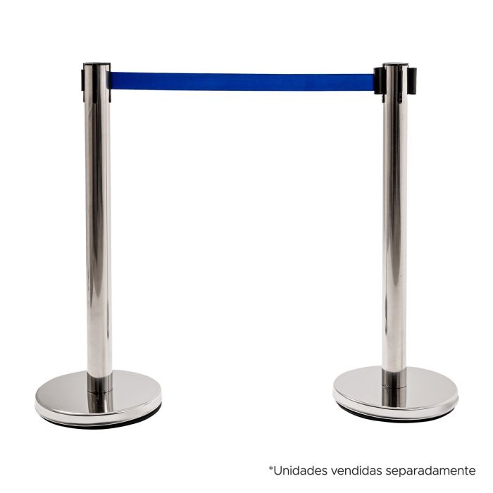 Pedestal organizador de fila cromado em inox com fita retrátil azul