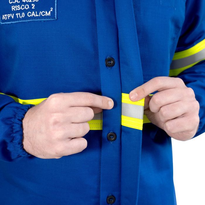 Camisa eletricista NR10 risco 2 azul royal classe 1 e 2 com refletivo verde e prata - CA 46298