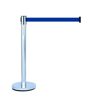 Pedestal organizador de fila cromado em inox com fita retrátil azul