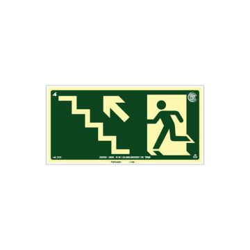Placa fotoluminescente rota de fuga pela escada à esquerda seta para cima de PVC - 30 x 15cm